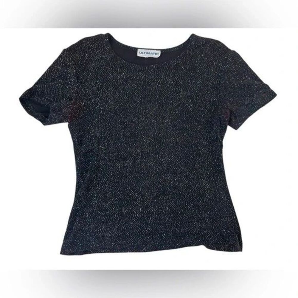 Vintage 90's Ultimate Sparkly Rayon Short Sleeve Black Shirt Small Petite Womens